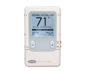 A thermostat displays the 71 degree temperature. 