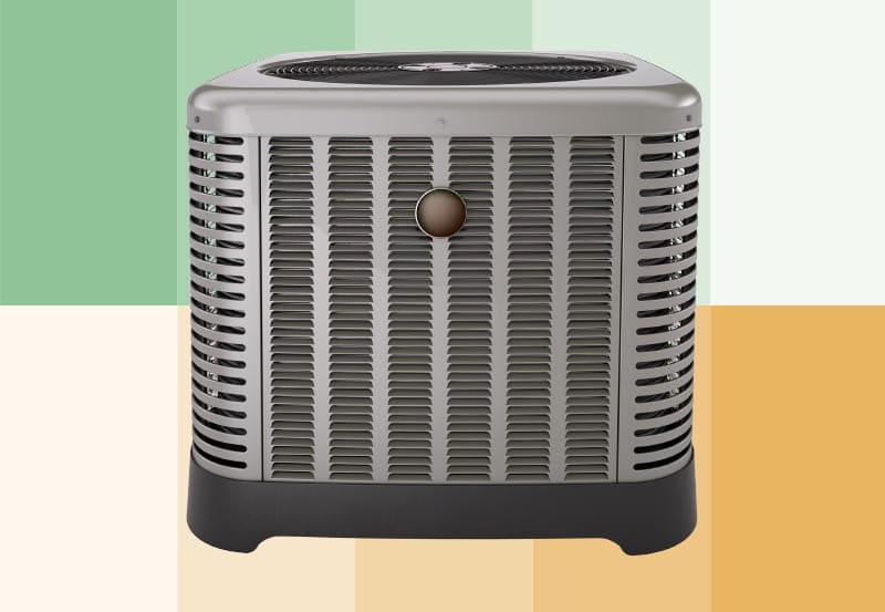 An outdoor air conditioning condenser unit set against a colorful segmented background.