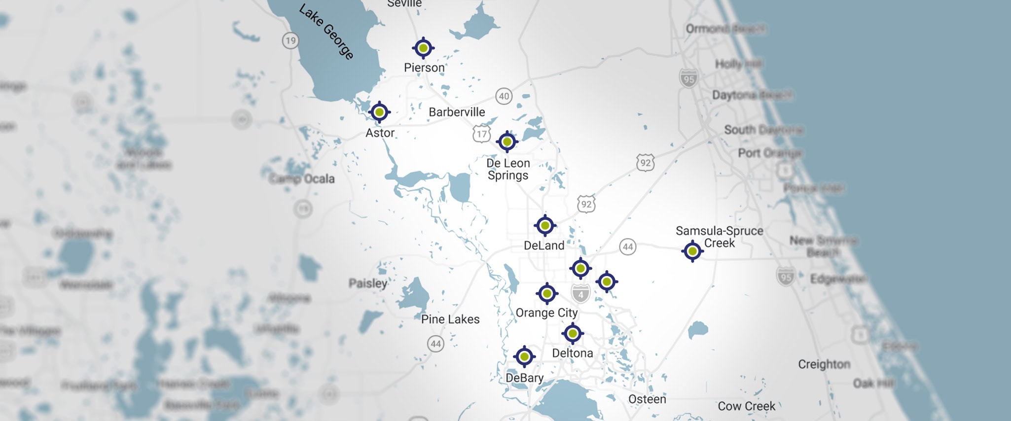 Service area map for Jacob Heating & Air Conditioning, covering DeLand, FL and throughout Volusia County.