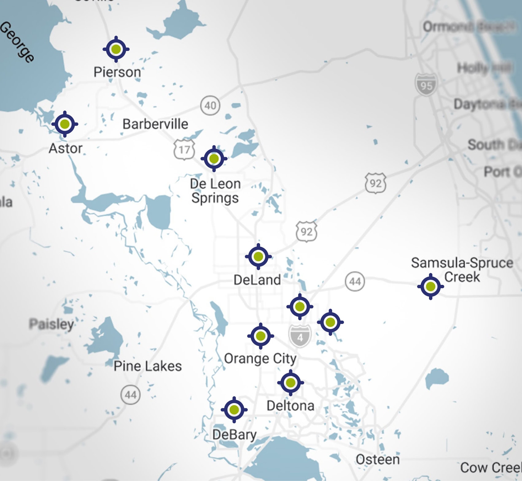 Service area map for Jacob Heating & Air Conditioning, covering DeLand, FL and throughout Volusia County.