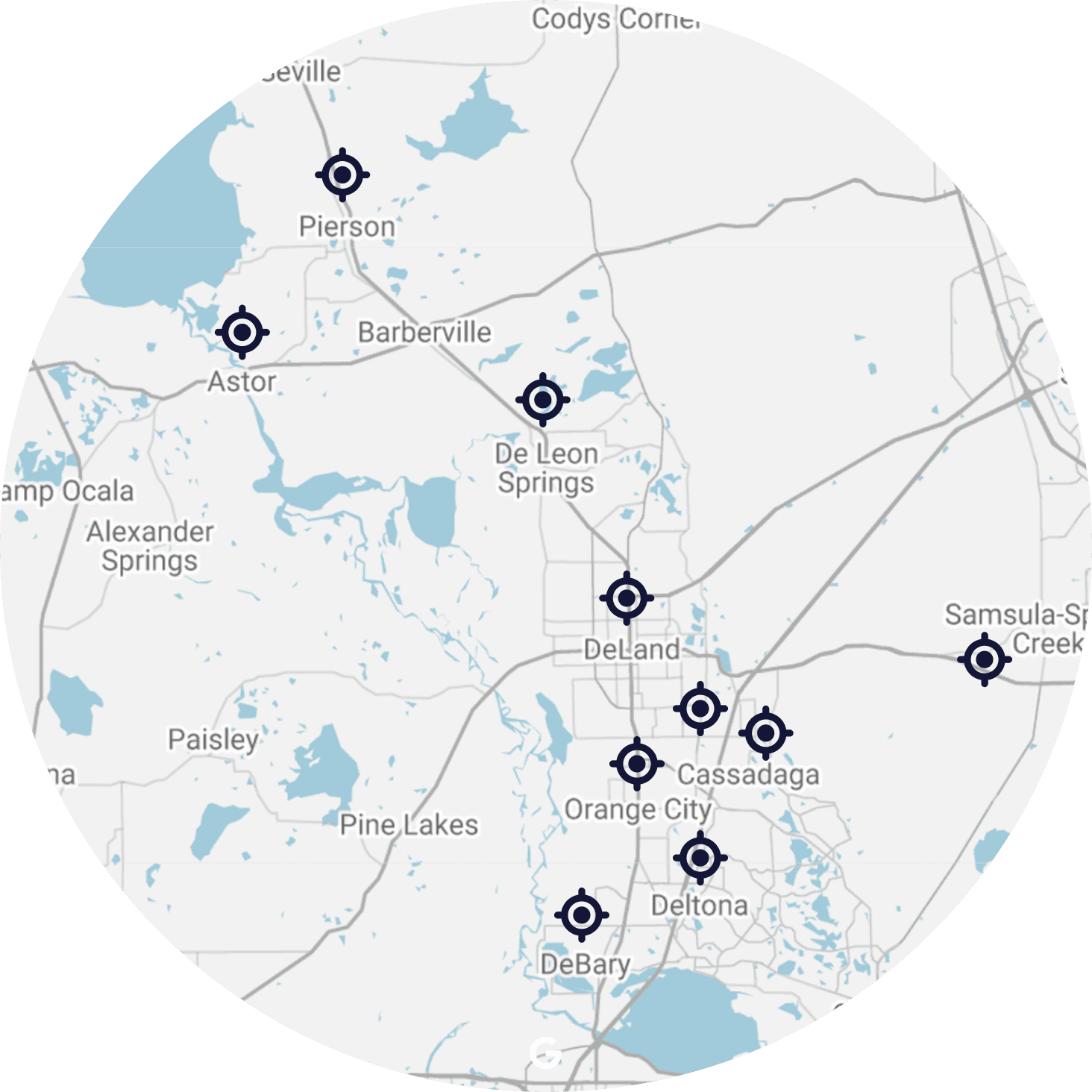 Service area map for Jacob Heating & Air Conditioning, covering DeLand, FL and throughout Volusia County.