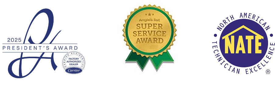 Left: Carrier Factory Authorized Dealer President's Award 2025. Center: Angie's List Super Service Award. Right: Nate logo.